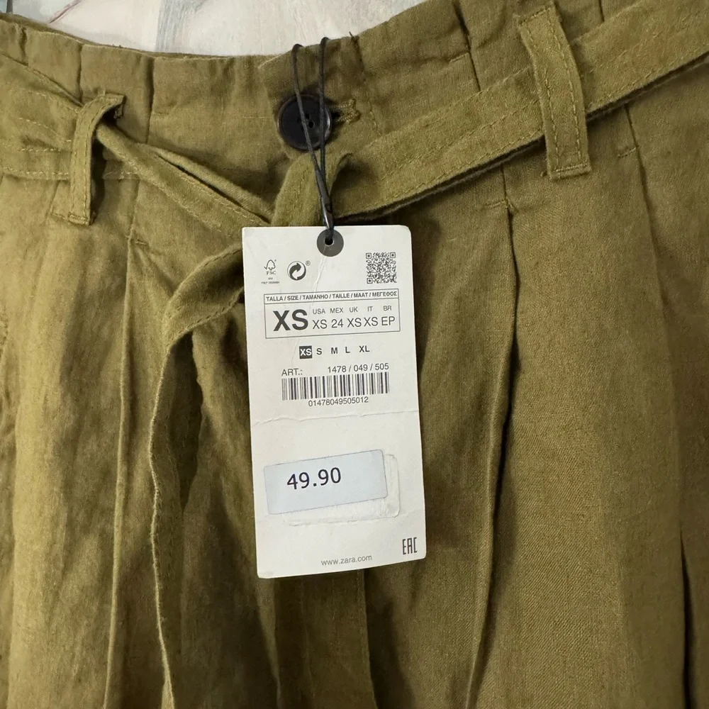 ZARA Army Green Linen Cargo High Waist Cropped Pant Size XS NWT